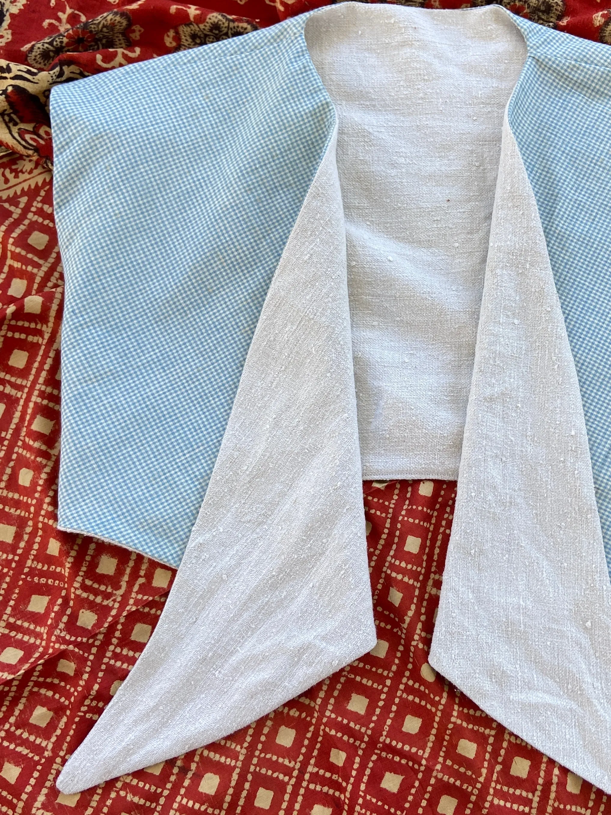 1940's Inspired Linen/ Blue Gingham Tie Front Top