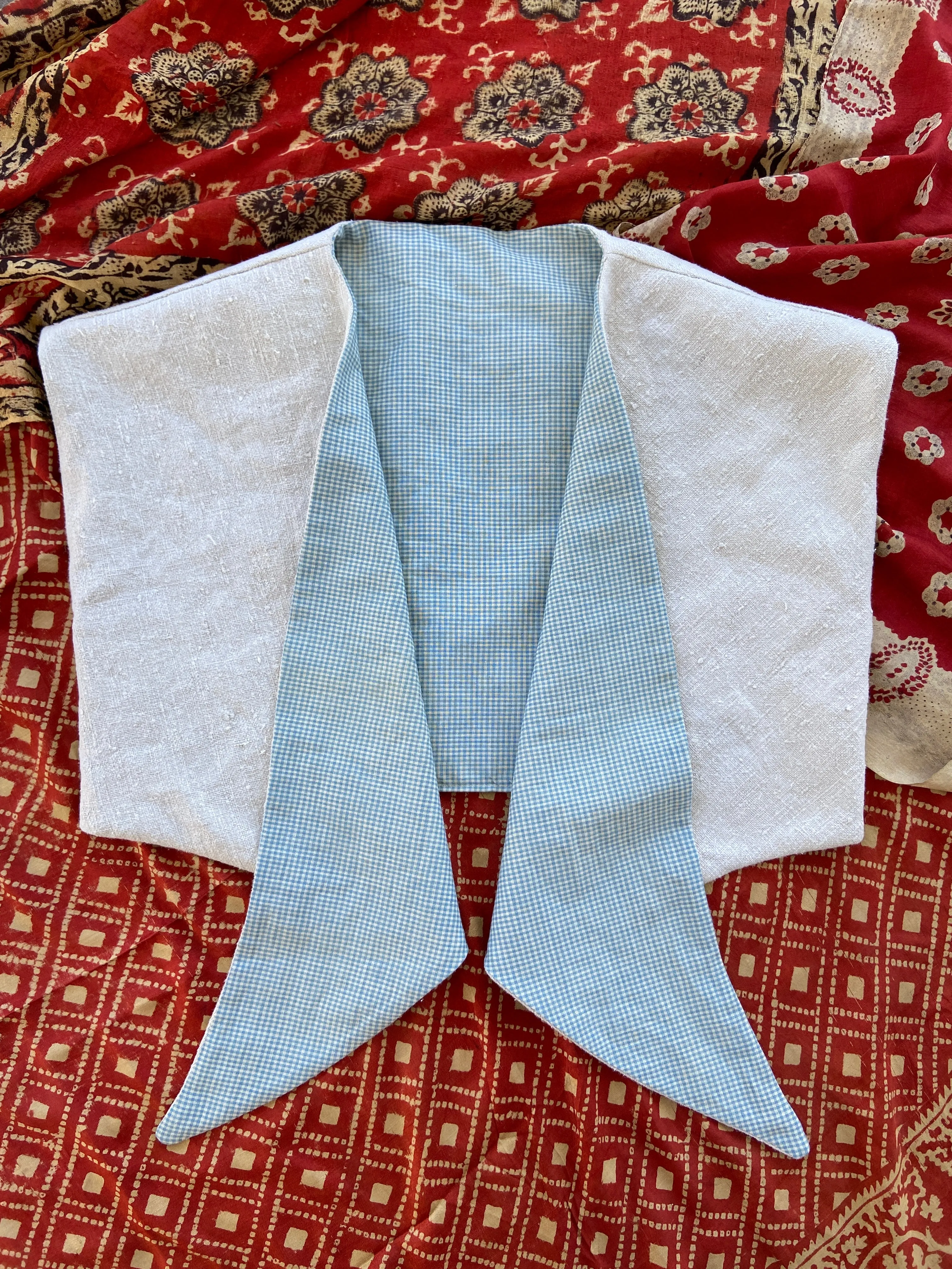 1940's Inspired Linen/ Blue Gingham Tie Front Top