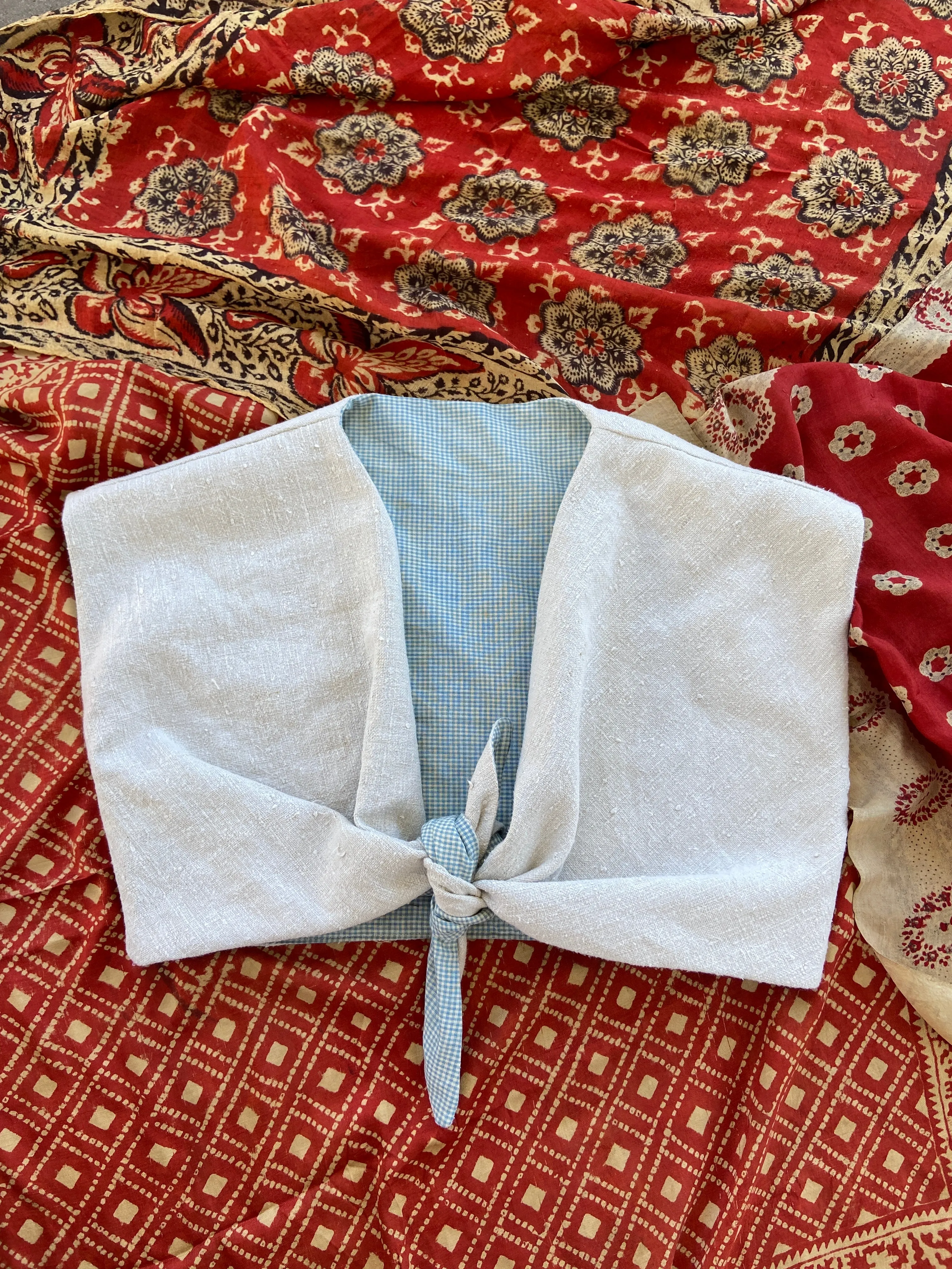 1940's Inspired Linen/ Blue Gingham Tie Front Top