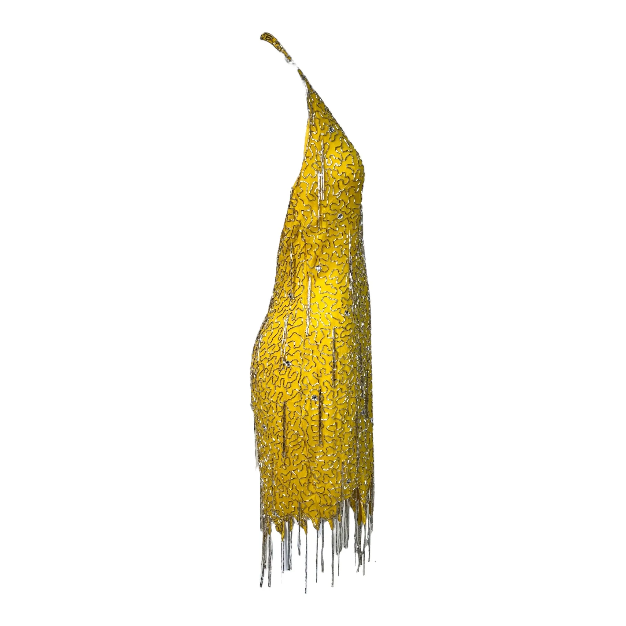 1990's Does 1970's Yellow Beaded Fringe Halter Dress, New/Old