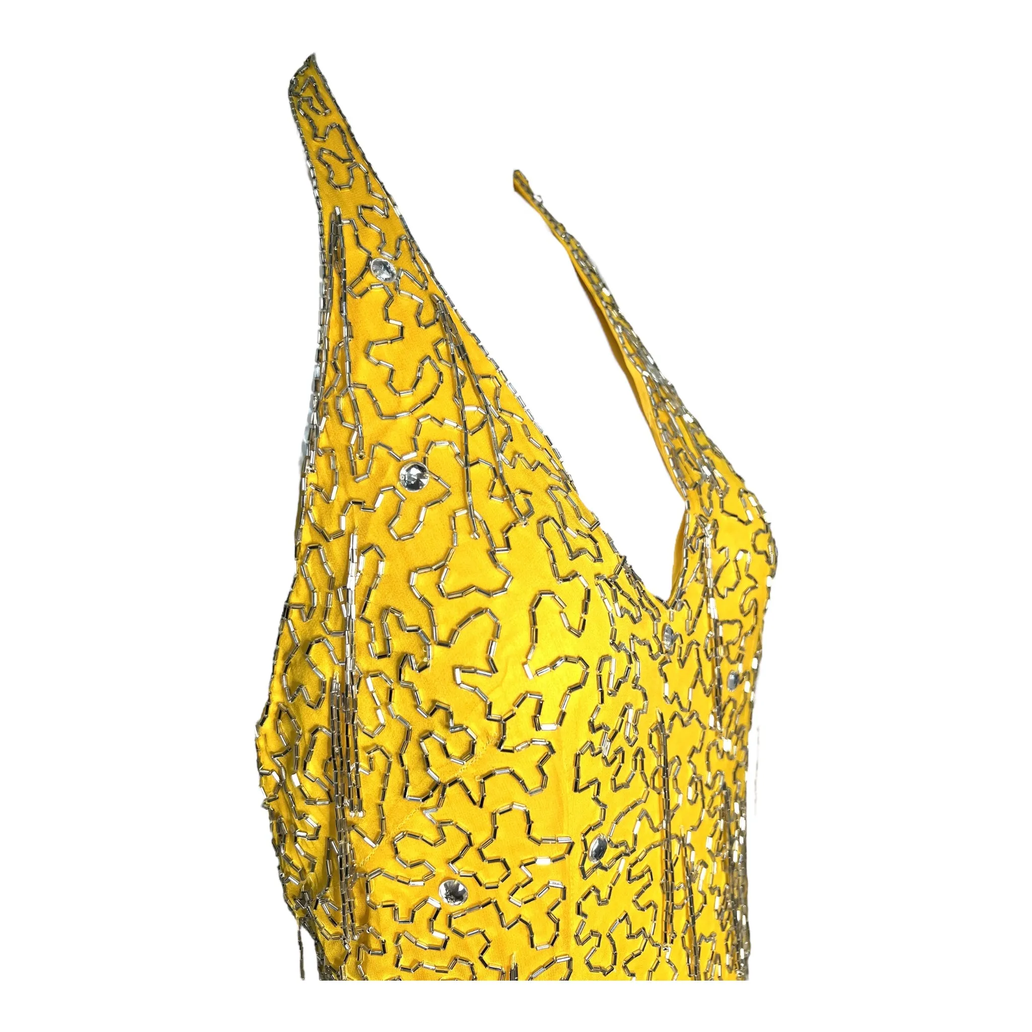 1990's Does 1970's Yellow Beaded Fringe Halter Dress, New/Old