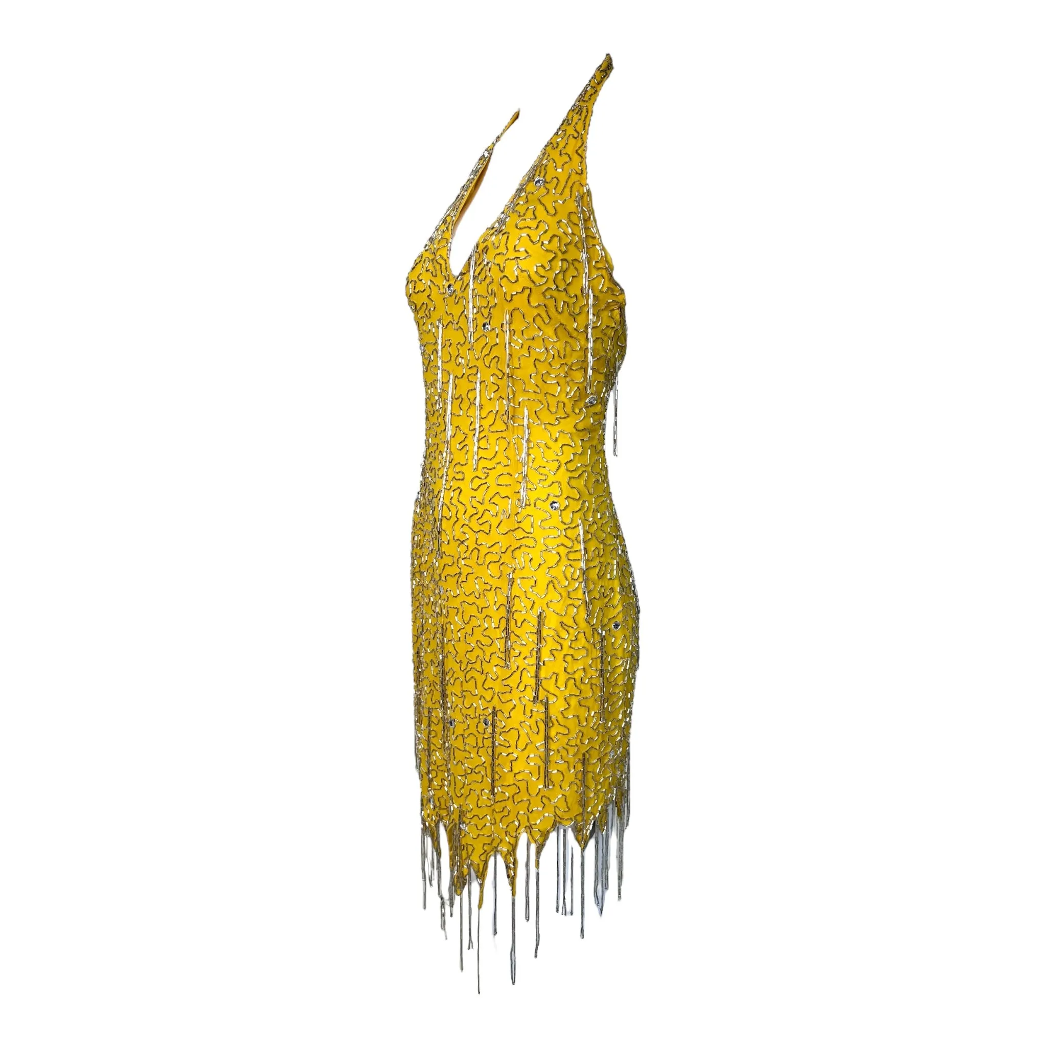 1990's Does 1970's Yellow Beaded Fringe Halter Dress, New/Old