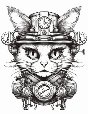 210  Steampunk Cat High-quality Coloring Sheet Pages 300dpi Kids and Adults Lifetime Access Can be Resized Instant Digital Download