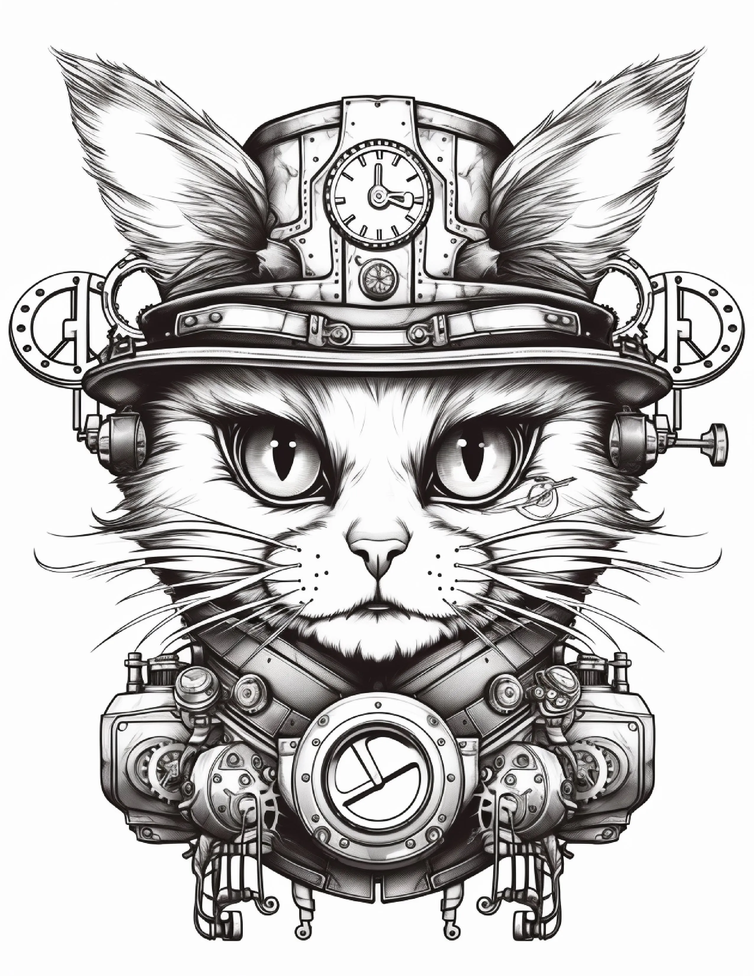 210  Steampunk Cat High-quality Coloring Sheet Pages 300dpi Kids and Adults Lifetime Access Can be Resized Instant Digital Download