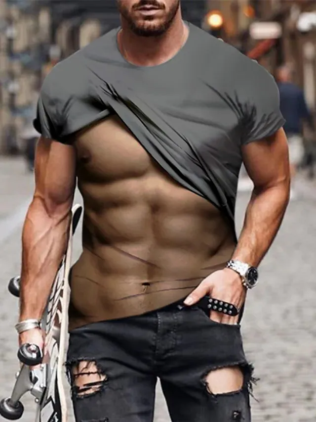 3D Graphic Printed Short Sleeve Shirts Muscle Figure