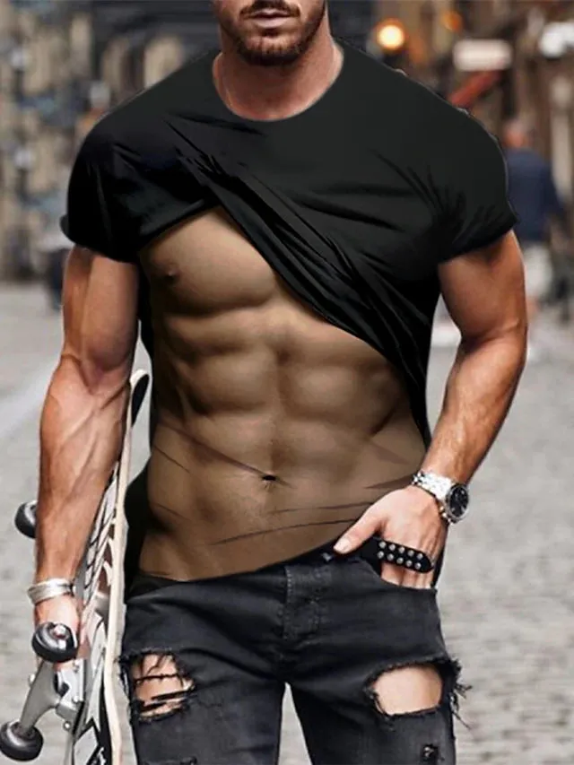 3D Graphic Printed Short Sleeve Shirts Muscle Figure
