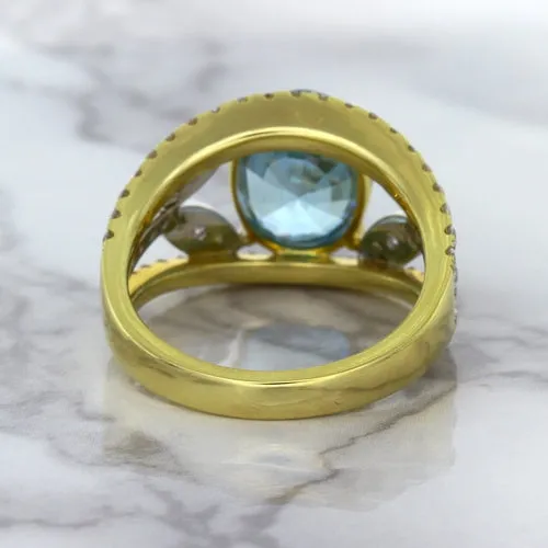 5.29ct Oval Blue Zircon Ring with Diamond Accents in 18K Yellow Gold