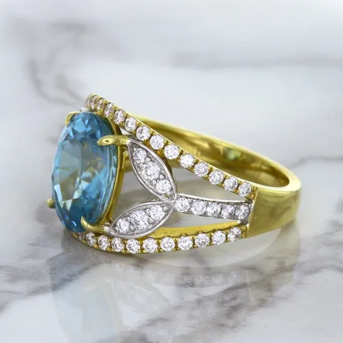 5.29ct Oval Blue Zircon Ring with Diamond Accents in 18K Yellow Gold