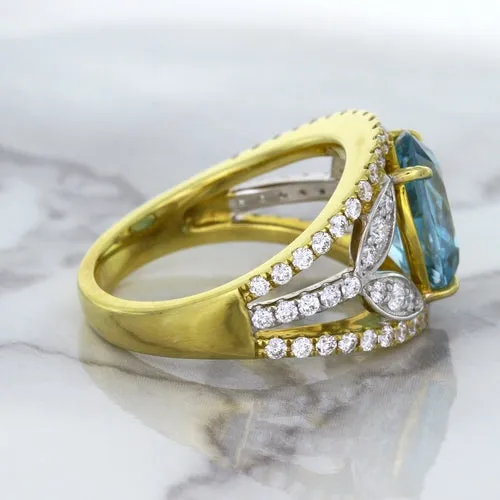 5.29ct Oval Blue Zircon Ring with Diamond Accents in 18K Yellow Gold