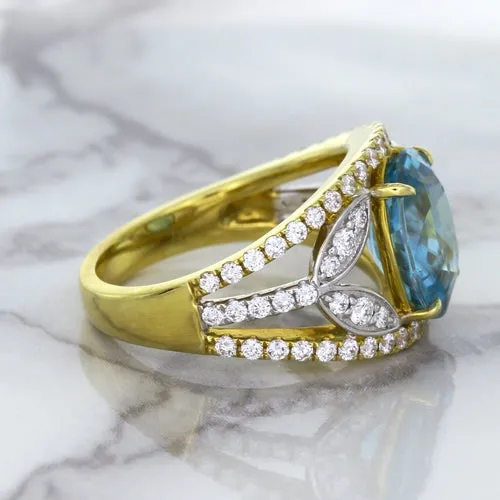 5.29ct Oval Blue Zircon Ring with Diamond Accents in 18K Yellow Gold