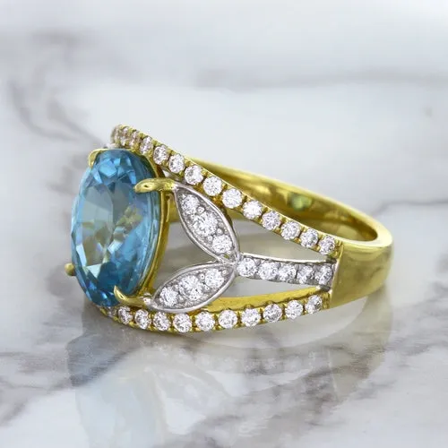 5.29ct Oval Blue Zircon Ring with Diamond Accents in 18K Yellow Gold
