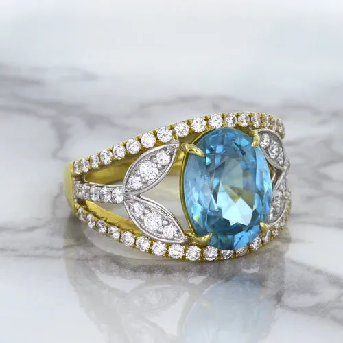5.29ct Oval Blue Zircon Ring with Diamond Accents in 18K Yellow Gold