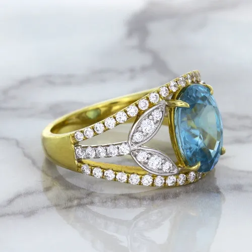 5.29ct Oval Blue Zircon Ring with Diamond Accents in 18K Yellow Gold