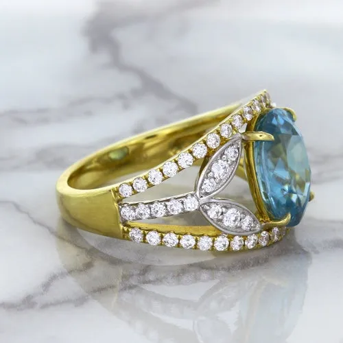 5.29ct Oval Blue Zircon Ring with Diamond Accents in 18K Yellow Gold