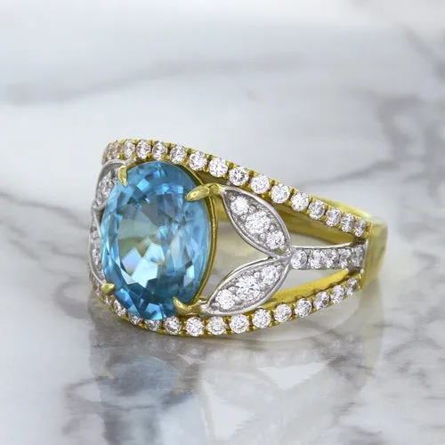 5.29ct Oval Blue Zircon Ring with Diamond Accents in 18K Yellow Gold