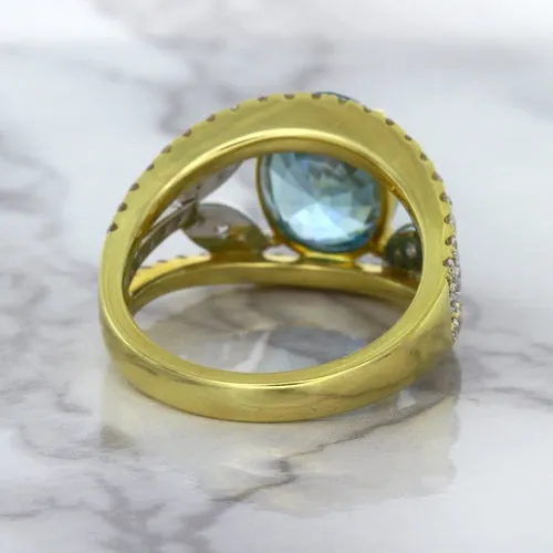 5.29ct Oval Blue Zircon Ring with Diamond Accents in 18K Yellow Gold