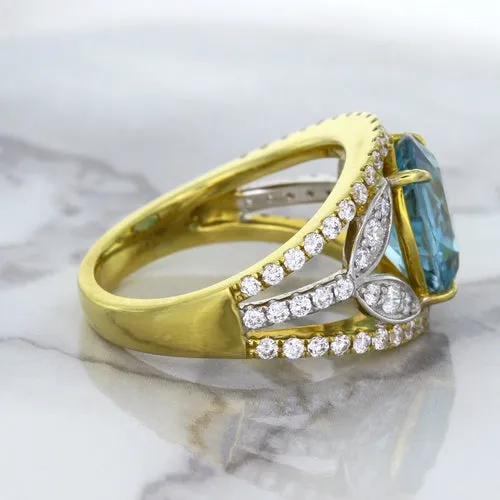 5.29ct Oval Blue Zircon Ring with Diamond Accents in 18K Yellow Gold