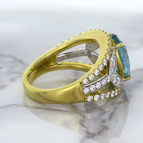5.29ct Oval Blue Zircon Ring with Diamond Accents in 18K Yellow Gold