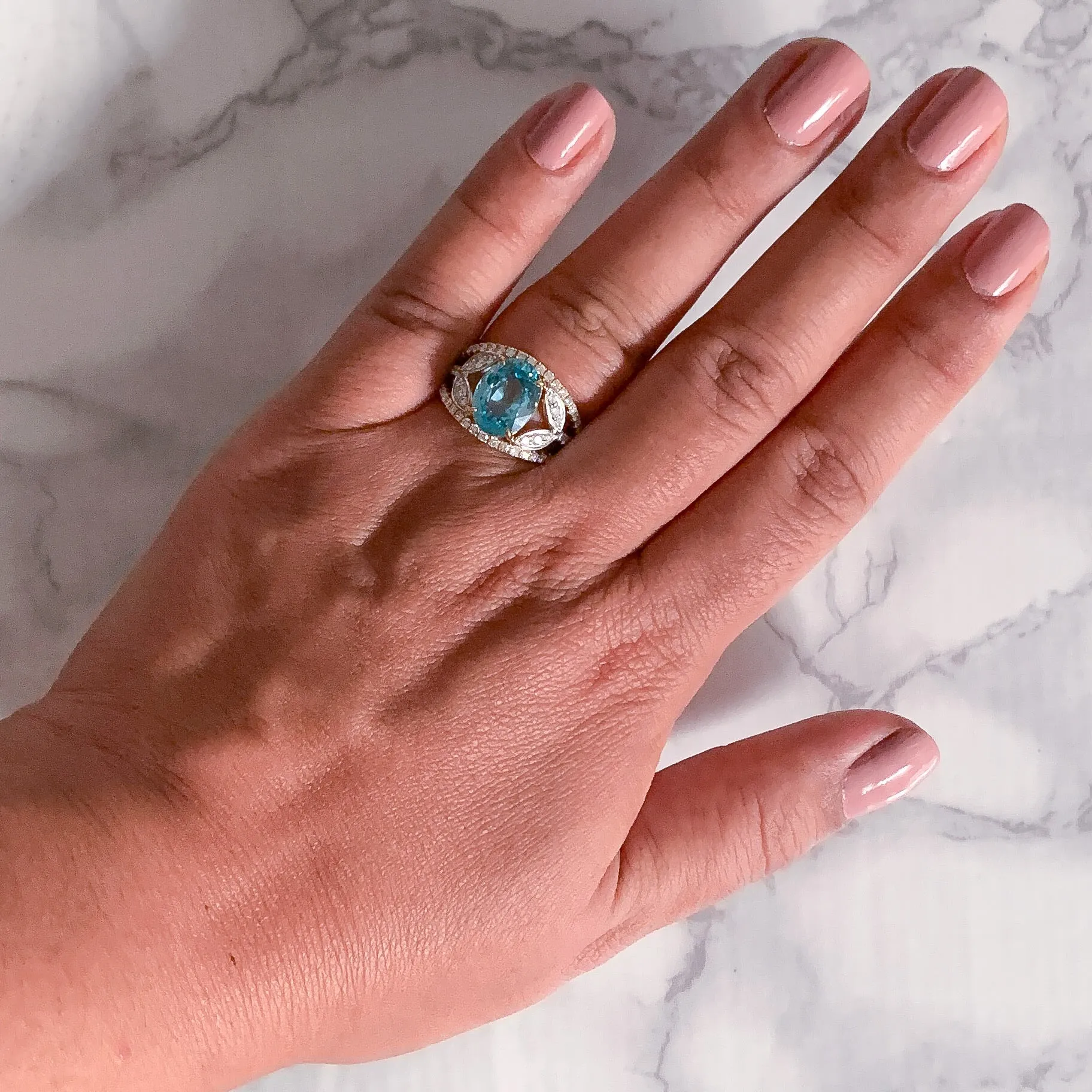 5.29ct Oval Blue Zircon Ring with Diamond Accents in 18K Yellow Gold