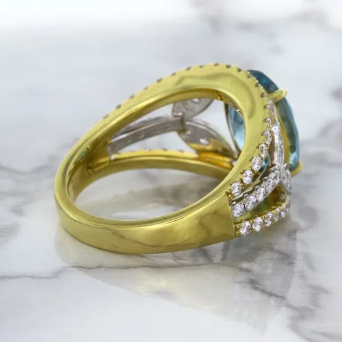 5.29ct Oval Blue Zircon Ring with Diamond Accents in 18K Yellow Gold