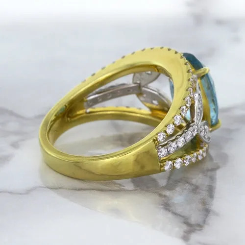 5.29ct Oval Blue Zircon Ring with Diamond Accents in 18K Yellow Gold