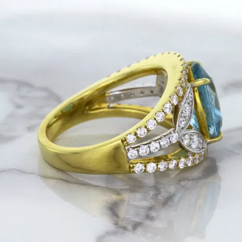 5.29ct Oval Blue Zircon Ring with Diamond Accents in 18K Yellow Gold