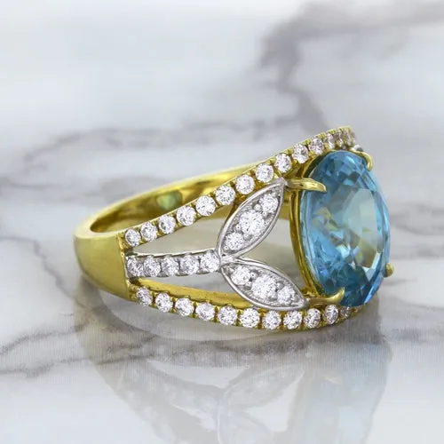 5.29ct Oval Blue Zircon Ring with Diamond Accents in 18K Yellow Gold