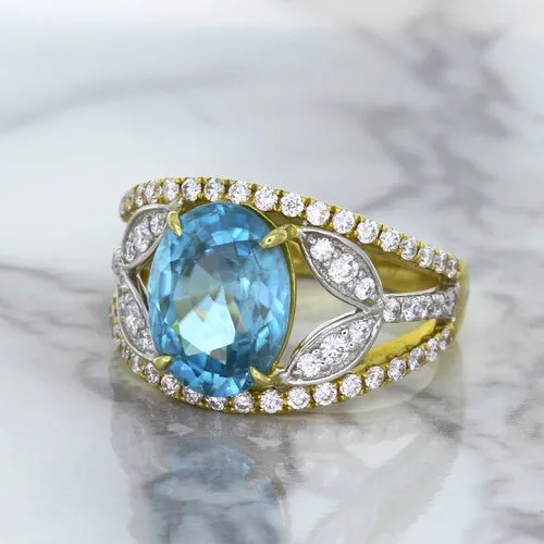 5.29ct Oval Blue Zircon Ring with Diamond Accents in 18K Yellow Gold