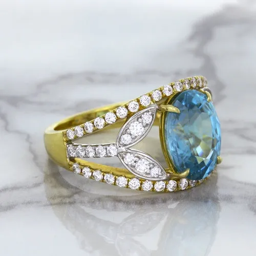 5.29ct Oval Blue Zircon Ring with Diamond Accents in 18K Yellow Gold