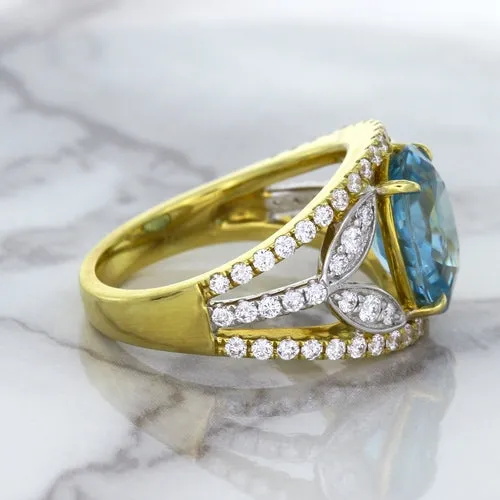 5.29ct Oval Blue Zircon Ring with Diamond Accents in 18K Yellow Gold