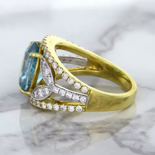 5.29ct Oval Blue Zircon Ring with Diamond Accents in 18K Yellow Gold