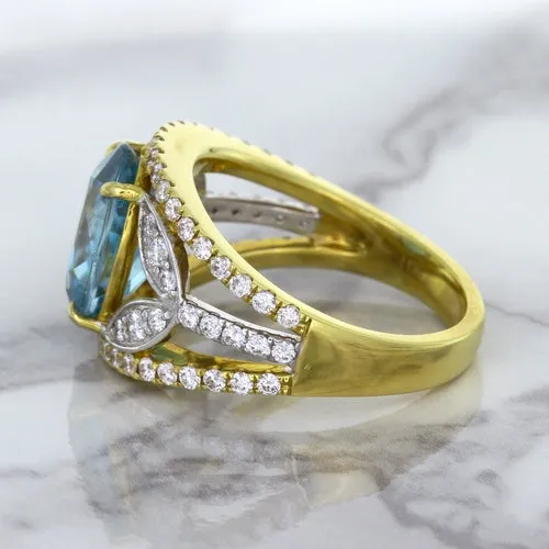 5.29ct Oval Blue Zircon Ring with Diamond Accents in 18K Yellow Gold