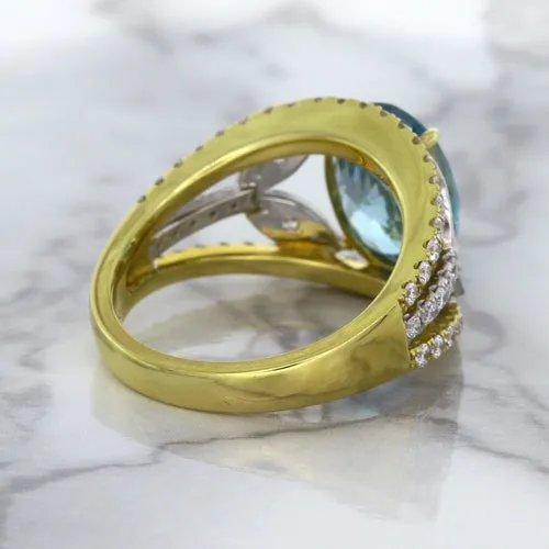 5.29ct Oval Blue Zircon Ring with Diamond Accents in 18K Yellow Gold