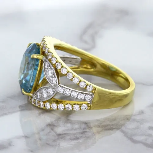 5.29ct Oval Blue Zircon Ring with Diamond Accents in 18K Yellow Gold