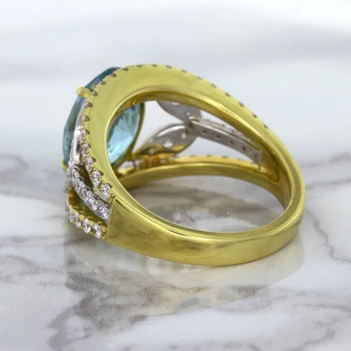 5.29ct Oval Blue Zircon Ring with Diamond Accents in 18K Yellow Gold