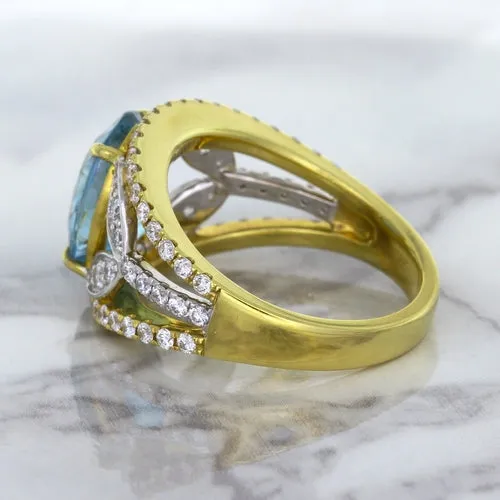 5.29ct Oval Blue Zircon Ring with Diamond Accents in 18K Yellow Gold