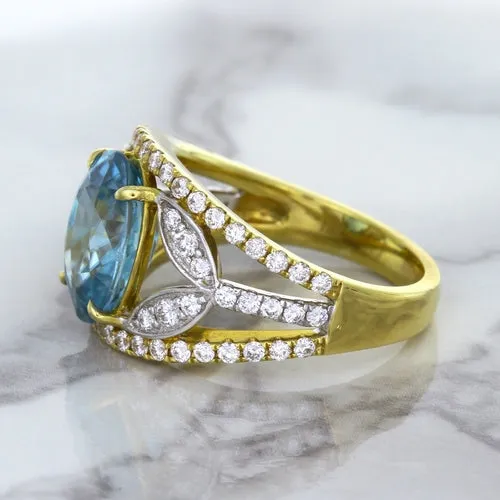 5.29ct Oval Blue Zircon Ring with Diamond Accents in 18K Yellow Gold