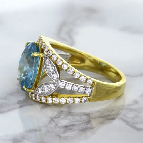 5.29ct Oval Blue Zircon Ring with Diamond Accents in 18K Yellow Gold