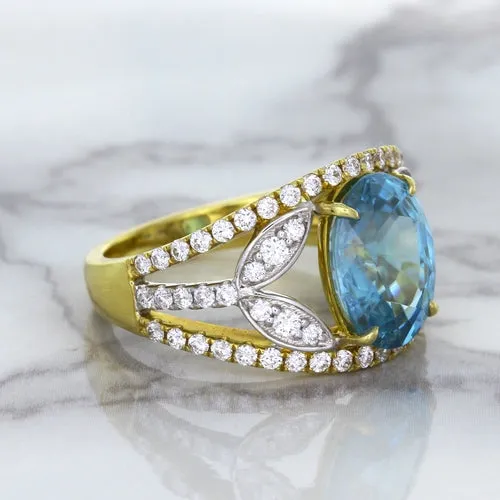 5.29ct Oval Blue Zircon Ring with Diamond Accents in 18K Yellow Gold