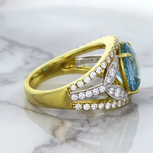 5.29ct Oval Blue Zircon Ring with Diamond Accents in 18K Yellow Gold