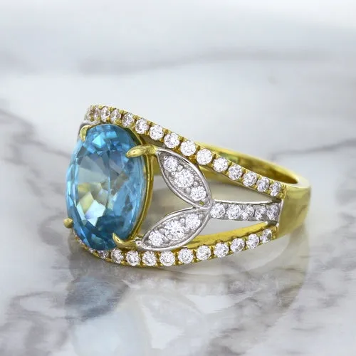 5.29ct Oval Blue Zircon Ring with Diamond Accents in 18K Yellow Gold