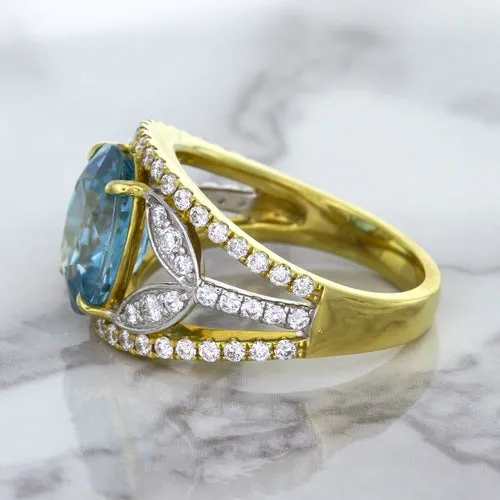 5.29ct Oval Blue Zircon Ring with Diamond Accents in 18K Yellow Gold