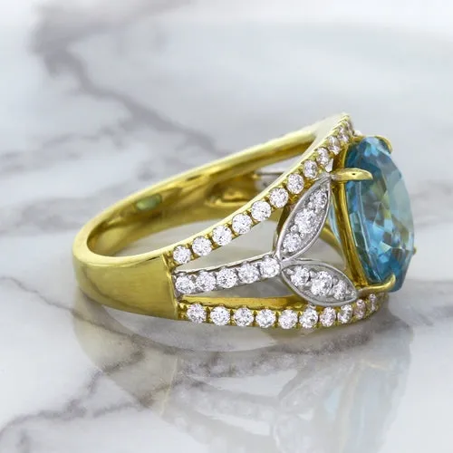5.29ct Oval Blue Zircon Ring with Diamond Accents in 18K Yellow Gold