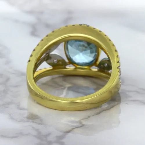 5.29ct Oval Blue Zircon Ring with Diamond Accents in 18K Yellow Gold