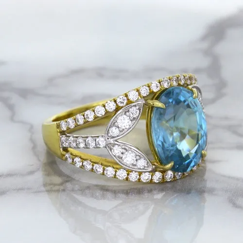 5.29ct Oval Blue Zircon Ring with Diamond Accents in 18K Yellow Gold