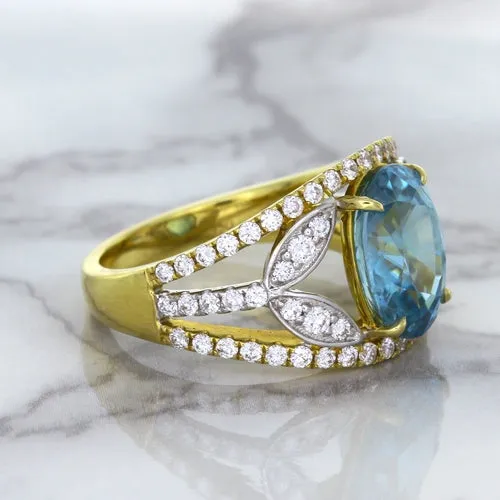 5.29ct Oval Blue Zircon Ring with Diamond Accents in 18K Yellow Gold