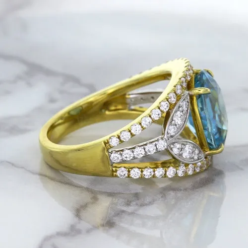 5.29ct Oval Blue Zircon Ring with Diamond Accents in 18K Yellow Gold