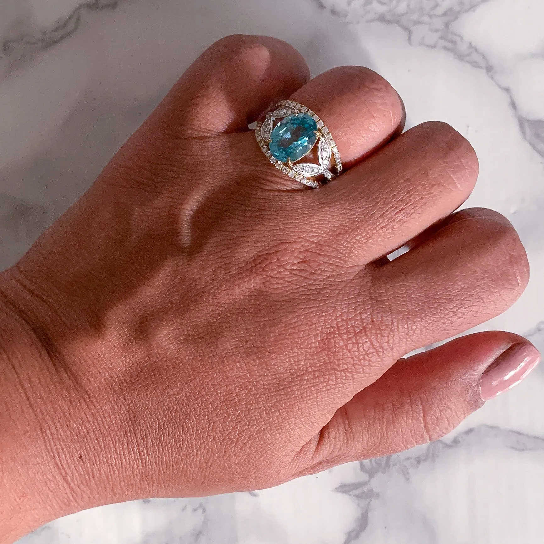 5.29ct Oval Blue Zircon Ring with Diamond Accents in 18K Yellow Gold