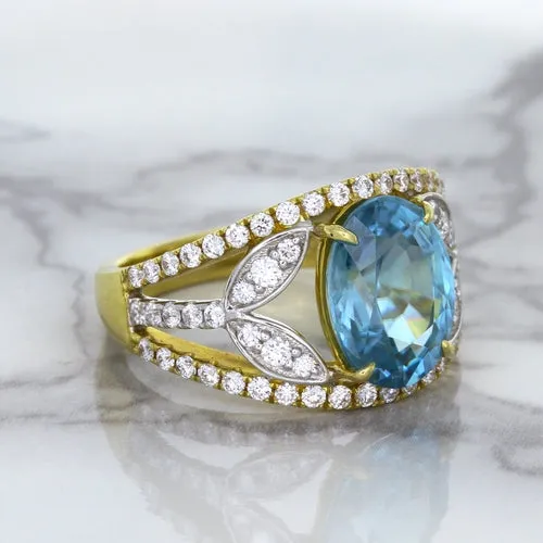 5.29ct Oval Blue Zircon Ring with Diamond Accents in 18K Yellow Gold