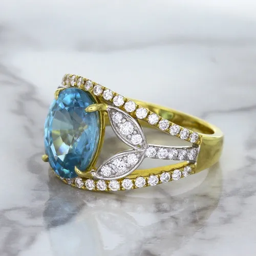 5.29ct Oval Blue Zircon Ring with Diamond Accents in 18K Yellow Gold
